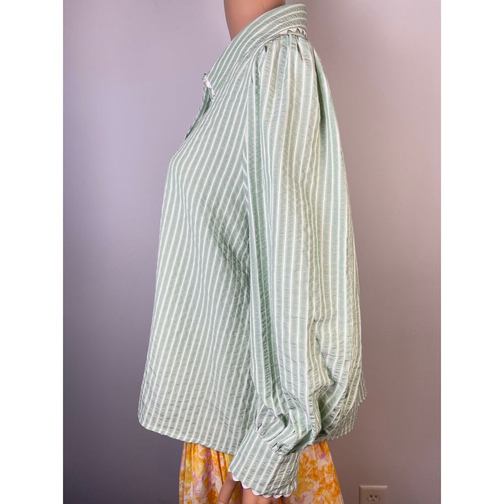 Entro sage green striped blouse L scalloped collar button front cotton blend - Picture 4 of 15